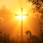 A radiant cross shining in the background with a serpent in the foreground, symbolizing Christ's victory over Satan.