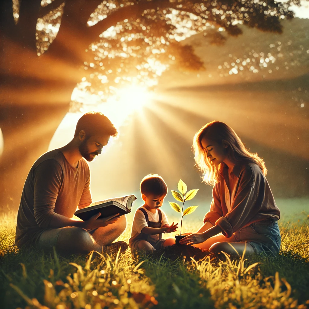 A family sitting on a grassy field under soft sunlight. The father holds an open Bible while the mother and their young child plant a small seedling in the soil. In the background, lush green trees symbolize spiritual growth. The child watches attentively, emphasizing the importance of parental example in nurturing faith. The scene conveys an atmosphere of peace, hope, and spiritual care.