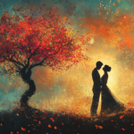 Silhouette of a couple holding hands under a vibrant tree with red leaves, set against a sunset background with warm tones and artistic textures.