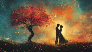 Silhouette of a couple holding hands under a vibrant tree with red leaves, set against a sunset background with warm tones and artistic textures.